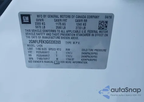 2016 Chevrolet Equinox Lt z USA, uszkodzony, nr VIN 2GNFLFEK3G6336393